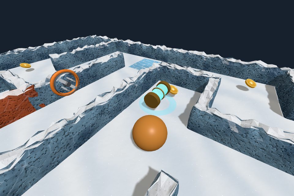 Exploring an icy maze from inside: Pip rolls toward a glowing fuel cell at the end of a corridor