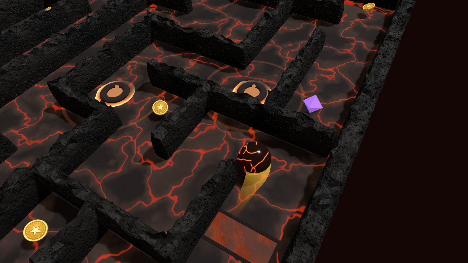 A marble with a trail of fire rolls through the lava maze of Magma Works