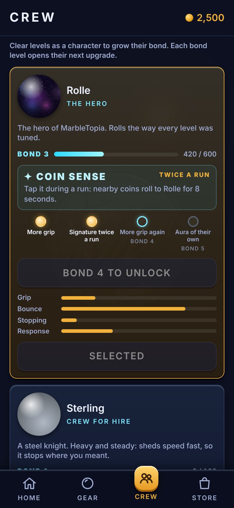 The Crew page: a character card with bond, signature trick and upgrade track