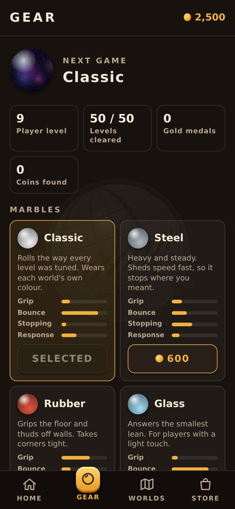 The Gear page with marbles, skins and trails