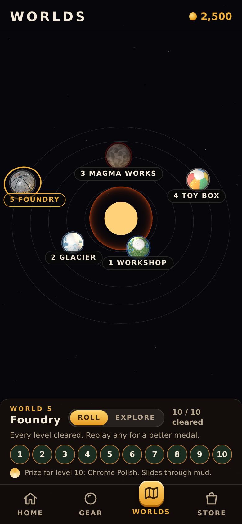 The worlds as planets around a sun, with level 1 to 10 of the Workshop below